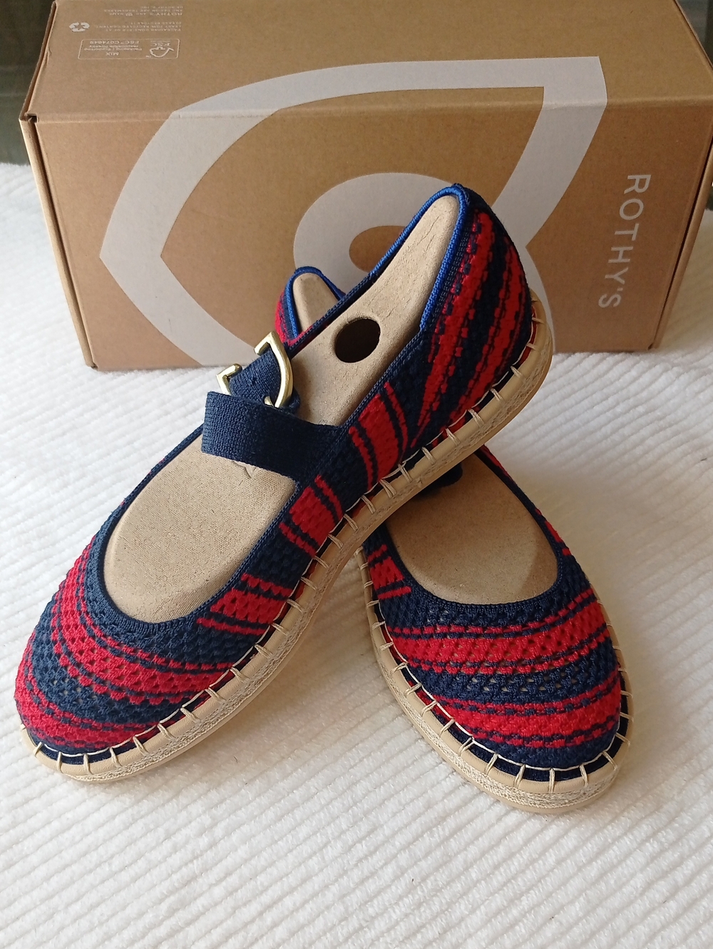 Rothy's Navy and Red Knit Mary Jane Espadrilles